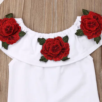 1-7 Metų Kūdikis, Vaikas, Kūdikis Mergaičių Drabužius Išjungti Peties 3D Rožių Gėlių Pynimas White T-shirt Viršūnes + Šortai Komplektus, Rinkinius
