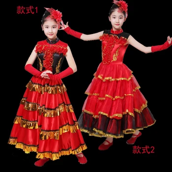 100-160cm Vaikai Flamenko Sijonas ispanijos Senorita Flamenko Šokėja Fancy Dress Kostiumai Mergaitėms Etapo Rezultatus Atidarymo Sijonas DL4211