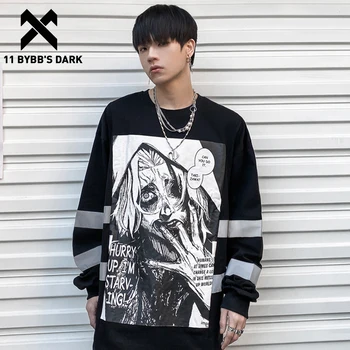 11 BYBB TAMSU Atspindintis Demonas Spausdinti Harajuku ilgomis Rankovėmis Marškinėlius vatos Pagaliukai Hip-Hop Atsitiktinis Streetwear Tamsiai Komiksai Puloveriai