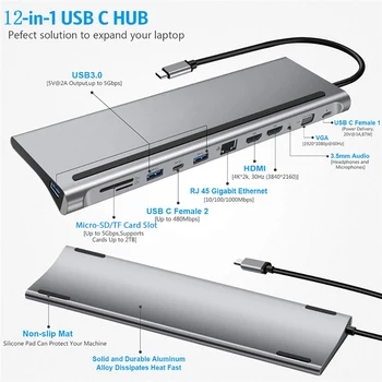 12 1 USB C Hub Nešiojamas Docking Station Tipas-C Dual HDMI suderinamus/VGA/USB 3.0 Hub/PD/RJ/Micro-SD/TF Kortelė Doko Adapteris