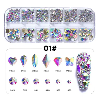 12 Tinklai Multi-dydis Crystal AB Deimantų 3D Nagai Meno Cirkonio Kristalai, Blizgučiai Ne 