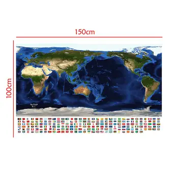 150x100cm Pasaulio Topografija Ir Batimetrija Žemėlapis, Vaizdas Iš Palydovo Žemėlapį Su Nacionalinėmis Vėliavomis, Geografinius Tyrimus