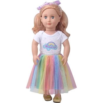 18-colių Mergaičių lėlės drabužiai Vaivorykštė atspausdintas T-shirt+gauzy sijonas tinka 40-43 cm Berniuko, lėlės American doll suknelė, Žaislų, Dovanų c905