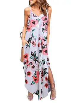 18 Spalvų Moterų Atsitiktinis Spageti Dirželis Suknelė Vasarai V kaklo Kišenės, Kilpos Šalies Maxi Suknelė Gėlių Spausdinti Prarasti Elegantiškas Sundress