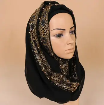 180*85cm moterų nėriniais, šifono šilko aukso karoliukai šalikas blizgučiai gėlių paprasto hijab musulmonų pearl gražus 9 spalvos kaklaskarės/skaros