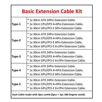 180 Laipsnių Extension Cable Kit - PC Kompiuterių ATX 24Pin, EPS 4+4Pin, PCI-E 6+2Pin, PCI-E 6Pin Maitinimo ilgiklis.