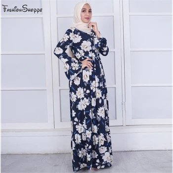 2018 m. Moteris Tamsiai Mėlyna Maxi Suknelė Turkijos Mados Musulmonų dubajus gėlių abaja ilgomis Rankovėmis Atsitiktinis ponios islamo kaftan