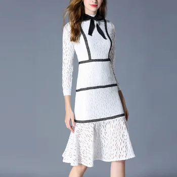 2018 m. rudenį naujų mados moterų suknelės ilgomis rankovėmis stovėti apykaklės lankas slim Suknelė maišelį klubo Preppy stiliaus baltos spalvos nėrinių suknelė