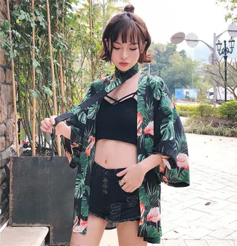 2018 m. vasaros harakuju gatvės stilius laisvas kimono megztinis skaitmenų spausdinti marškinėliai moteriški palaidinės outwear (B1130)