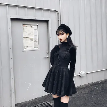 2018 m. Žiemos Gothic Punk Moterų Black Marškinėliai Rudenį Viršų Seksualus aksomo siuvinėjimo Bodycon Kietas ilgomis Rankovėmis Šalies Megztinis Marškinėliai