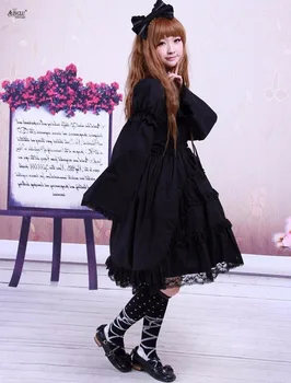 2018 Moterų Lolita Dress Medvilnės Juodas Kvadratas Kaklo, ilgomis Rankovėmis Gotikos Teismas Temperamentas Lolita Dress Cosplay Kostiumai šalis