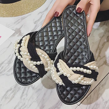 2018 pearl šlepetės moterims gėlių batai, sandalai lady prabangos dizaineris prekės modelis šlepetė vasaros sandalai žinomų populiarių šlepetės