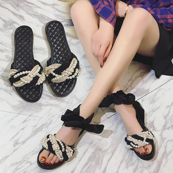 2018 pearl šlepetės moterims gėlių batai, sandalai lady prabangos dizaineris prekės modelis šlepetė vasaros sandalai žinomų populiarių šlepetės