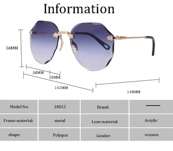 2019 AOZE Moterų prekės Dizaineris akiniai nuo saulės lankas, akiniai nuo saulės gradientas atspalvių sumažinti objektyvo ponios Frameless Metalo UV400 Akiniai nuo saulės