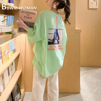 2019 Balta Žalia Ir Oranžinė Spalva Moterys T Marškinėliai Atsitiktinis Apvalios Kaklo Moterų Tee Marškinėliai