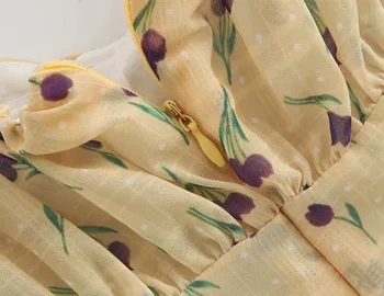 2019 Geltona prancūzijos Tulip Gėlių Spausdinti Trumpą Suknelę Geltoną Šviesą Moteris Banga Lankas Jungiamąją Iki V kaklo, Trumpas Sluoksniuotos Rankovėmis Mini Suknelės