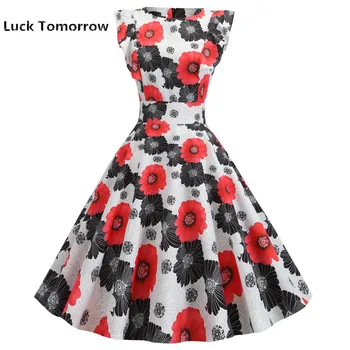 2019 Gėlių Spausdinti Vasaros Moterų Suknelė trumpomis Rankovėmis O-kaklo 50s 60s Derliaus Rockabilly Suknelė Sūpynės Šalis Suknelė Sundresses Plius Dydis