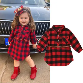 2019 Kalėdų Raudona Skara Suknelė Bamblys Naujagimiams, Vaikams, Kūdikių Mergaitės Pledas Princesė Shirt Dress&Diržą Vaikams Laisvalaikio Aprangos Drabužių