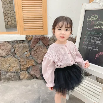 2019 m. Rudenį Naujų Atvykimo korėjos stiliaus medvilnės ilgomis rankovėmis visas rungtynes, princesė nėriniai gėlės marškinėliai mielas sweet baby mergaitės