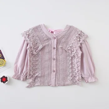 2019 m. Rudenį Naujų Atvykimo korėjos stiliaus medvilnės ilgomis rankovėmis visas rungtynes, princesė nėriniai gėlės marškinėliai mielas sweet baby mergaitės