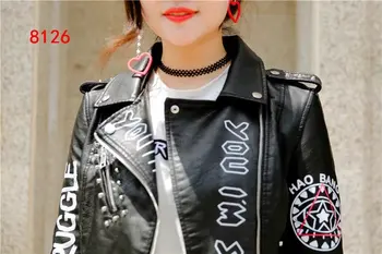 2019 m. Rudenį Naujų Punk Laišką Grafinis Striukė Juoda Faux Odos Prašmatnus Kailis Chaqueta Cuero Mujer Motociklo laišką Roko Kailis
