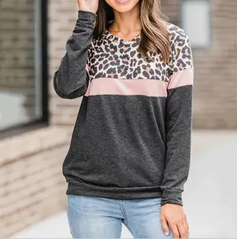 2019 m. rudenį, žiemą atsitiktinis leopard susiuvimo apvalios kaklo, ilgomis rankovėmis T-shirt moterų prarasti laukinių megztinis marškinėliai topai moterų sweate