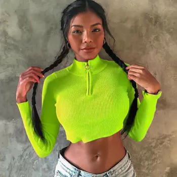2019 m. Vasarą Naujų Moterų marškinėliai Mados Neon Green marškinėliai Topai Kietas Seksualus Fitneso Užtrauktukas Golfo Marškinėliai ilgomis Rankovėmis Marškinėliai