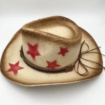 2019 m. Vasarą Vyrams Rafija Džiazo Skrybėlės Mens Amerikos Vakarų Kaubojų Šiaudų Skrybėlę Spausdinti Žvaigždžių Beach Sun Kepurės Vyrams