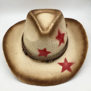 2019 m. Vasarą Vyrams Rafija Džiazo Skrybėlės Mens Amerikos Vakarų Kaubojų Šiaudų Skrybėlę Spausdinti Žvaigždžių Beach Sun Kepurės Vyrams