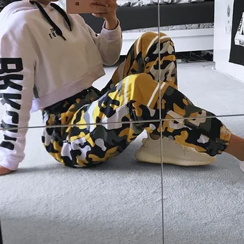 2019 Mados Aukštos Juosmens Moterų Camo Kelnės Prarasti Streetwear Kamufliažas Pantalon Femme Pieštuku Kelnes Hip-Hop Poilsiu Kelnės