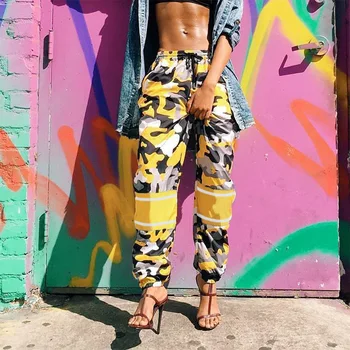 2019 Mados Aukštos Juosmens Moterų Camo Kelnės Prarasti Streetwear Kamufliažas Pantalon Femme Pieštuku Kelnes Hip-Hop Poilsiu Kelnės