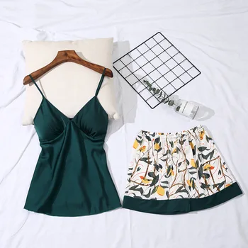 2019 Miego Lounge Pižama Rinkinys Satin Sleepwear Pijama Moterų Pyjama Femme, Mados Gėlių Spausdinti Pižama Su Krūtinės Pagalvėlės