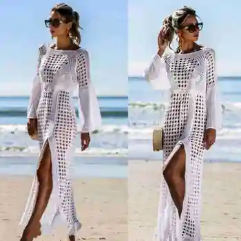 2019 Moterų Tuščiaviduriai Megzti Paplūdimio Ilgomis Rankovėmis Bikini Vasara Karšta Moteris Ponios Nėriniai Padengti Iki Maxi Atostogų Suknelė