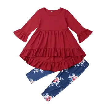 2019 Nauja Vaikiška Kūdikių Mergaičių Rudens Žiemos Drabužių Varpas Rankovėmis Pynimas Viršūnės T-shirt Gėlių Spausdinti Ilgas Kelnes Komplektai 2-7Years