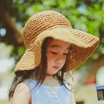 2019 Naujų Mergaičių Rankų Saulės Skrybėlę Vaikų Vasaros Rafija Šiaudų Skrybėlę Didelis Sparno Paplūdimio Kepurė, Sulankstomas Kvėpuojantis Vasaros Tėvų-vaikų Skrybėlę
