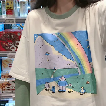 2019 Naujų Rudens Moterys Saldus Animacinių filmų spausdinti marškinėliai sudurti Netikrą Dviejų dalių Long Sleeve T-shirt Jauna Mergina Studentų Kawaii Prarasti Viršų