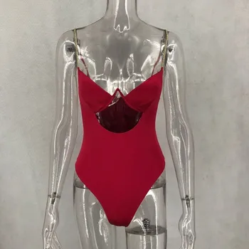 2019 Satino Bodysuit Moterų Iškirpti Aukso Grandinės Mados Seksualus Bodysuits Elegantiškas Raudonas Juodas Bodysuit Teddy Kietas Mados Romper