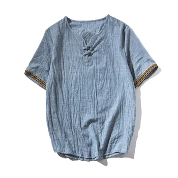 2019 Sinicism Mados Vyrų vasaros Aukštos kokybės medvilnės, lino laisvalaikio trumpomis rankovėmis T-shirts/Male v-kaklo prarasti lino marškinėliai Topai