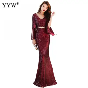 2020 Aukso Raudona Žalia Blizgučiais Maxi Vakarinę Suknelę Moterų V-Kaklo Cloka Rankovėmis Klubas Vestidos Įžymybė Elegantiškas Šalis Undinė Suknelės