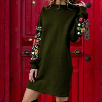 2020 AutumnWomen Mados Mini Suknelė Didelio Dydžio Elegantiškas Spausdinimo Ilgomis Rankovėmis O-Kaklo Prarasti Šiltą Suknelę, 4 Spalvos