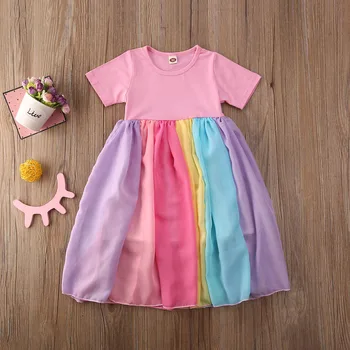 2020 Boutique Mergina Dress Bamblys vaikams Baby Girl Spalvinga Tutu trumpomis Rankovėmis Suknelė Vaivorykštė Princesė Šalies Tiulio Suknelės