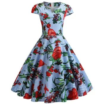 2020 Gėlių Spausdinti Vintage Suknelė Moterims Bžūp Rankovėmis Aukštos Juosmens-Line, Rockabilly Sundress Hepburn 50s Sūpynės Šalies Vestidos