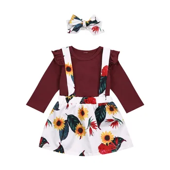 2020 Kūdikiams, Kūdikių Mergaičių Drabužių Rinkiniai ilgomis Rankovėmis Megztinis T Marškinėliai Topai+Gėlių Spausdinti Dirželis Sijonas+Lankelis 3pcs