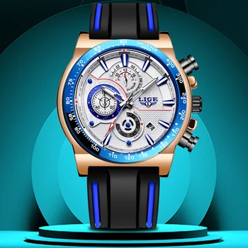 2020 LIGE Vyrų Chronograph Kvarcinis Analoginis laikrodis su Data, Šviesos Rankas, atspari Vandeniui Silikoninė Guma Dirželis Wristswatch Žmogui