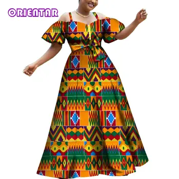 2020 m. Afrikos Moterų Suknelės Mados Off Peties Sluoksniuotos Rankovėmis Šalies Kamuolys Suknelė Afrikos Spausdinti Medvilnės Lady Ilgai Dashiki Suknelė WY3609