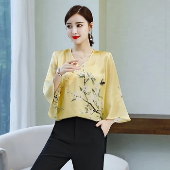 2020 M. Kinijos Šilko Qipao Marškinėliai Palaidinė Gėlių Įstrižai Apykaklės Cheongsam Qipao Viršuje Kinijos Tradiciniai Moterų Drabužiai Pagerėjo Hanfu