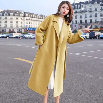 2020 M. Moteris Elegantiškas Ilgas Paltas Su Diržu Vientisos Spalvos Ilgomis Rankovėmis Chic Viršutiniai Moteriški Paltas Rudens Žiemos Korėja Stilius