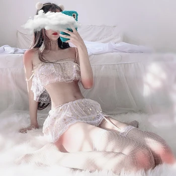 2020 M. Nauja Japonų Cute Girl Apatinis Trikotažas Šifono Puikus Vaiskiai Balta Nėrinių Žvaigždėtą Modelio Apatiniai, Moteriškas Apatinis Trikotažas, Nustatyti Drabužių Pižama