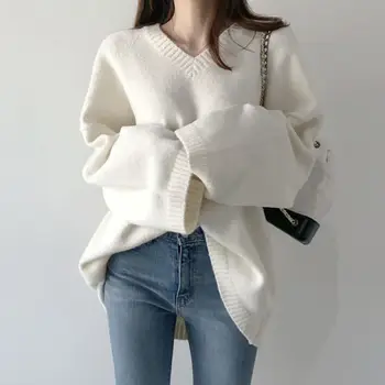 2020 M., Nauja Rudens Žiemos Trikotažas Moterims Megztiniai Mados Long Sleeve V-Kaklo Priežastinis Kietas Prarasti Korėjos Stilių Puloveriai W546