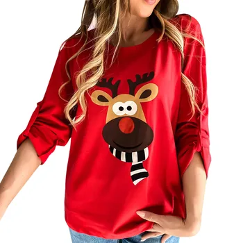 2020 m. Palaidinukės Mielas Gelsvai Briedžių Spausdinti suristi Rankovėmis Tee Marškinėliai Tee Viršūnes Palaidinė Kalėdų Moterų рубашка
